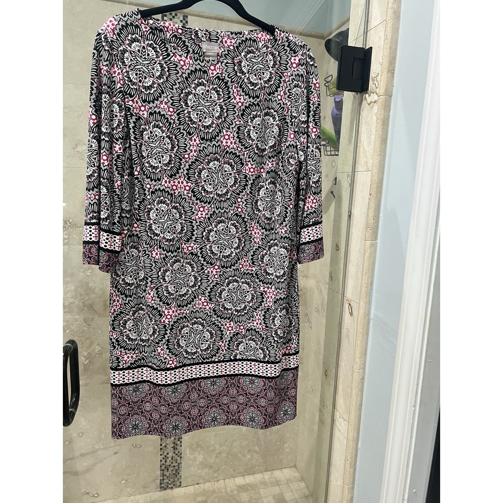 Chico's Medallion Print 3/4 Sleeve Shift Dress Pink Black White Jersey 1P PS